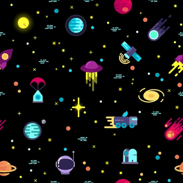 Space pattern Seamless galaxy objects on black background Vector illustration