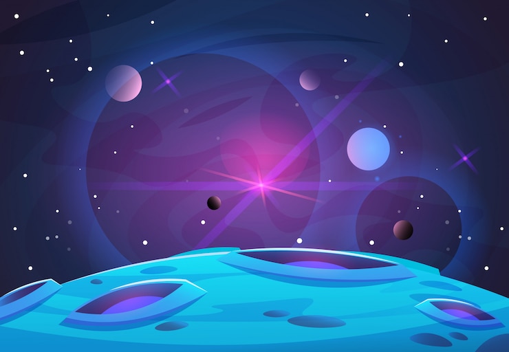 Vector 宇宙と惑星の背景。暗い空間でクレーター星と彗星と惑星表面