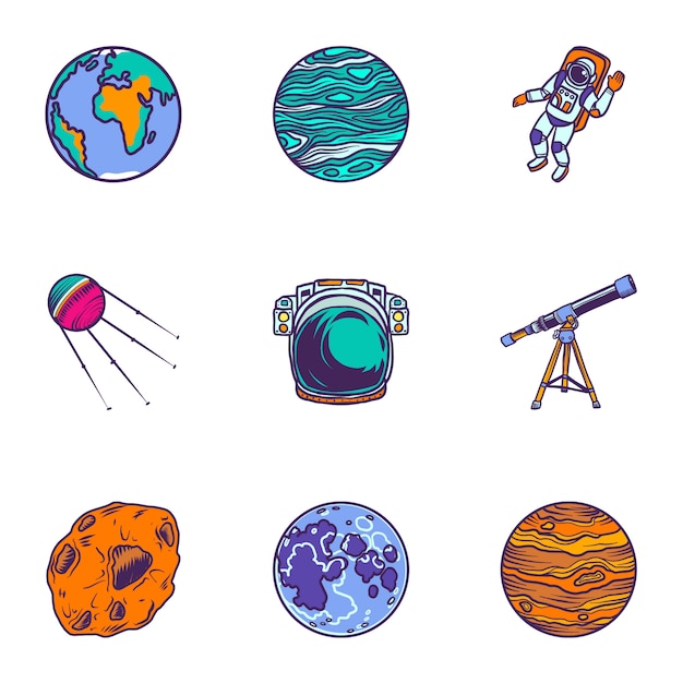 Space planet icon set. hand drawn set of 9 space planet icons