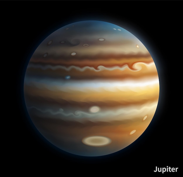 Space planet Jupiter surface Cosmic sphere Astronomy science Galaxy exploration University discovery Planetary view from satellite Solar system explore Vector education poster