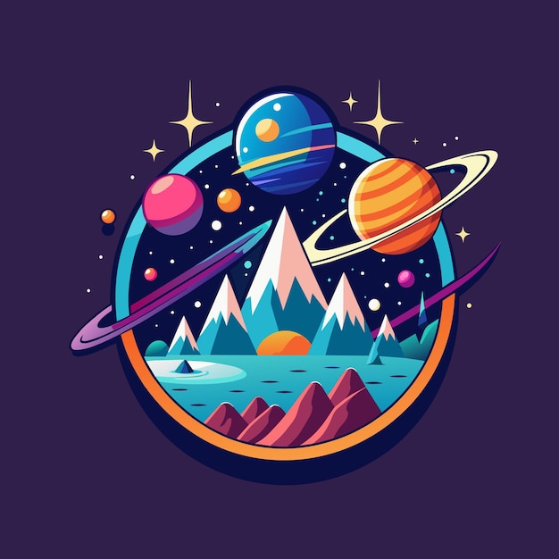 Space planet logo with starry sky sun mountains and planets