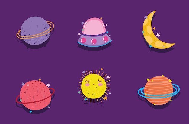 Space planet moon ufo adventure explore cartoon icons  illustration