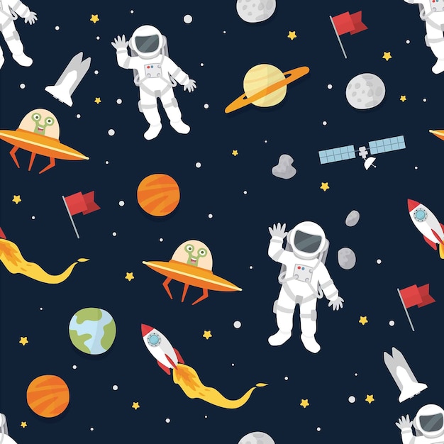 Space, planets and astronaut pattern vector wallpaper