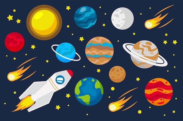 Space planets isolated elements set in flat design. Bundle of Sun, Moon, Mars, Earth, Saturn