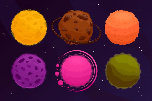 Vector space planets set. colorful fantasy asteroid and planet on black .  illustration .