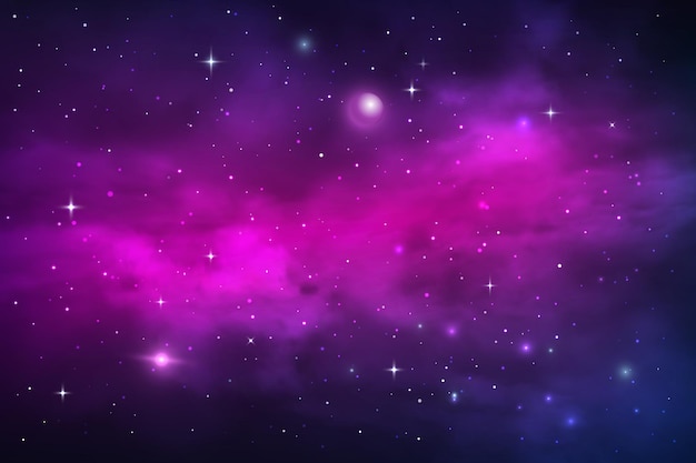 Vector space planets and stars, galaxy nebula and stardust vector cosmic background. blue purple realistic shining nebulosity cloud in starry universe. bright cosmos infinite, night sky backdrop wallpaper