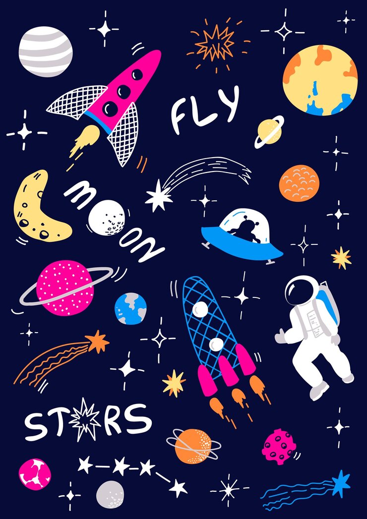 Vector 宇宙ポスター。星空、ロケット、月、宇宙飛行士、惑星、彗星、小惑星、星と幼稚なベクトルイラスト。手描きの文字。