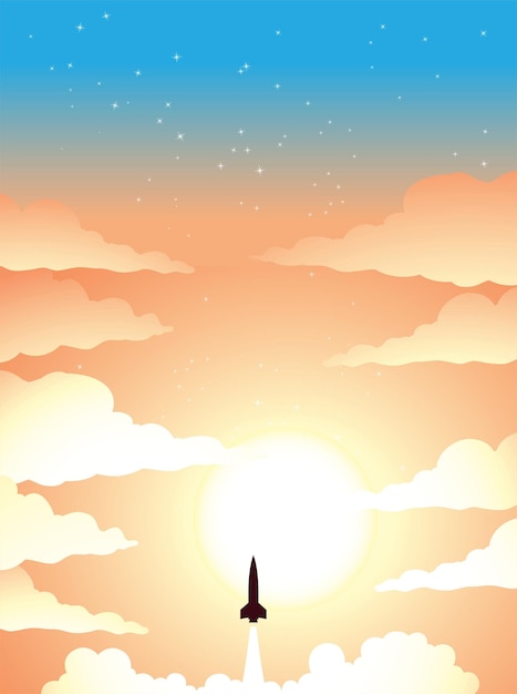 Vettore poster spaziale del lancio di un razzo su un cielo colorato nuvoloso e stellato