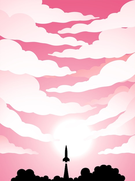 Vector space poster of rocket launch silhouette over a pink cloudy sky