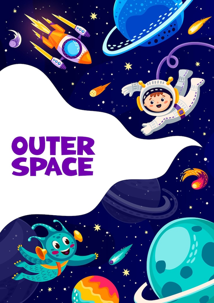 Vector space poster with cartoon alien rocket and kid astronaut between space planets vector background galaxy adventure and outer space exploration kid spaceman and rocketship or spacecraft on planet
