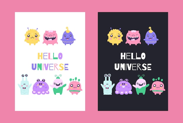 Space poster with cute monsters in the cartoon hand drawn style with letternig vector illustration