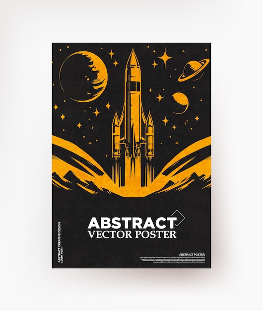 Космический плакат с летающей ракетой на фоне звезд