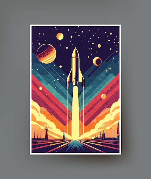 A space poster with a flying rocket on a background of stars