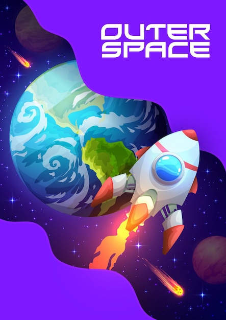 Space poster with rocket launch and earth planet