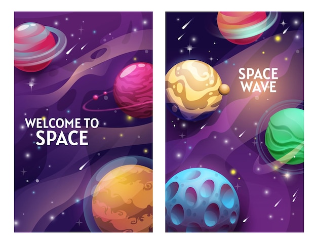 Космические плакаты с мультяшными планетами векторной галактики