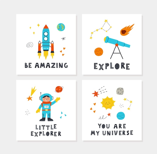 Space posters with hand drawn cute rocket, planets, stars, child, telescope and lettering. vector design for baby room, greeting cards, t-shirts.