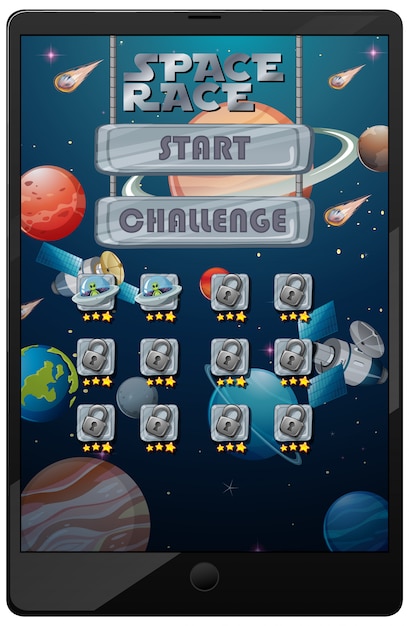 Vector space race mission game on tablet screen