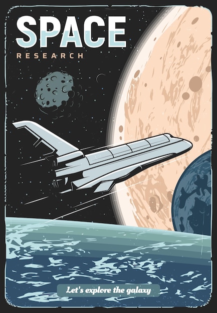 Vettore poster retrò della missione di esplorazione della ricerca spaziale