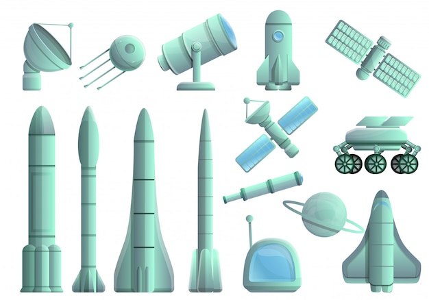 Space research technology set, cartoon stijl