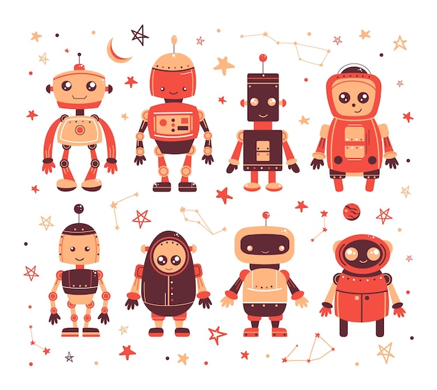 Space robots Cute baby robots planets and stars A set of flat vector space elements