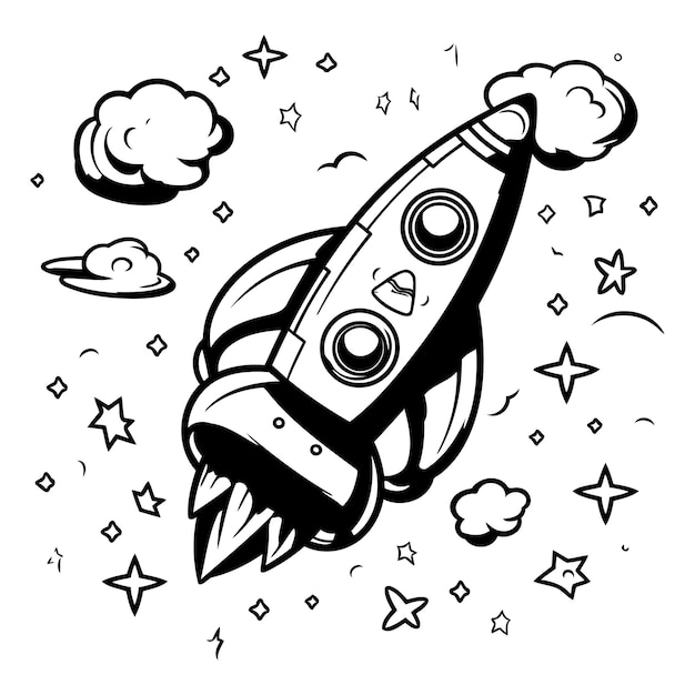 Вектор Космическая ракета и звезды векторная иллюстрация в стиле рисунка