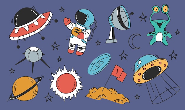 Space rocket astronaut planet cute alien doodle line style concept set