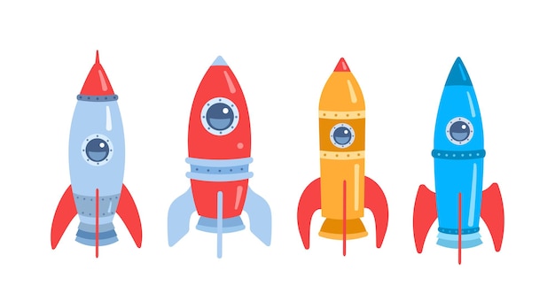 Vector space rocket cartoon flat isolated on white set