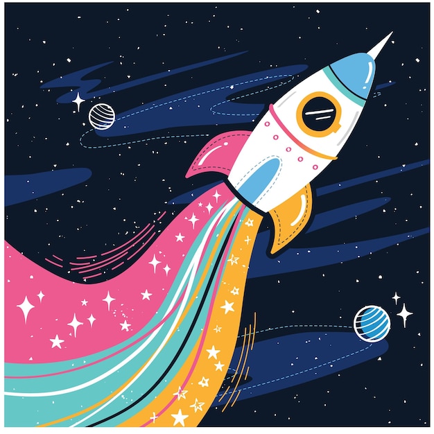 Space rocket launch Vector illustration of starting space rocket with colourful fires