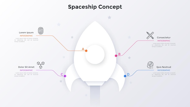 ベクトル 4つのオプションに接続された宇宙ロケットまたは紙の白い宇宙船