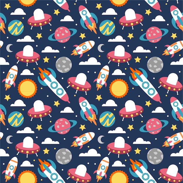 Vector space rocket and planet colorful seamless pattern