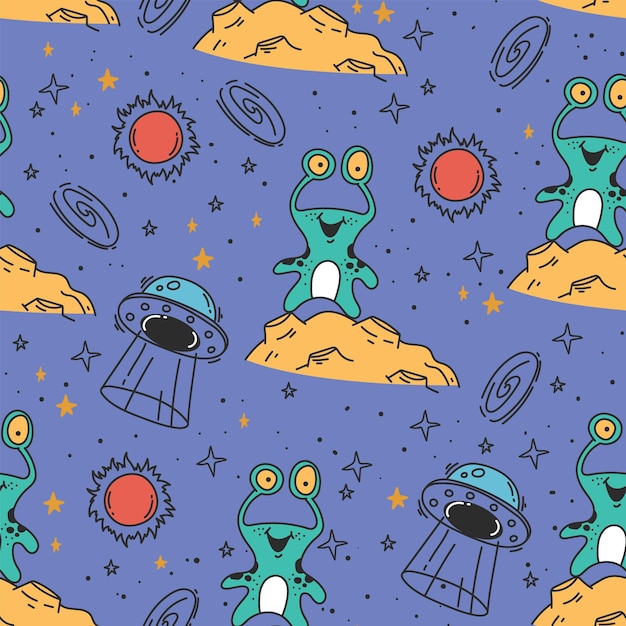 Vector space rocket planet seamless doodle pattern concept graphic design illustration