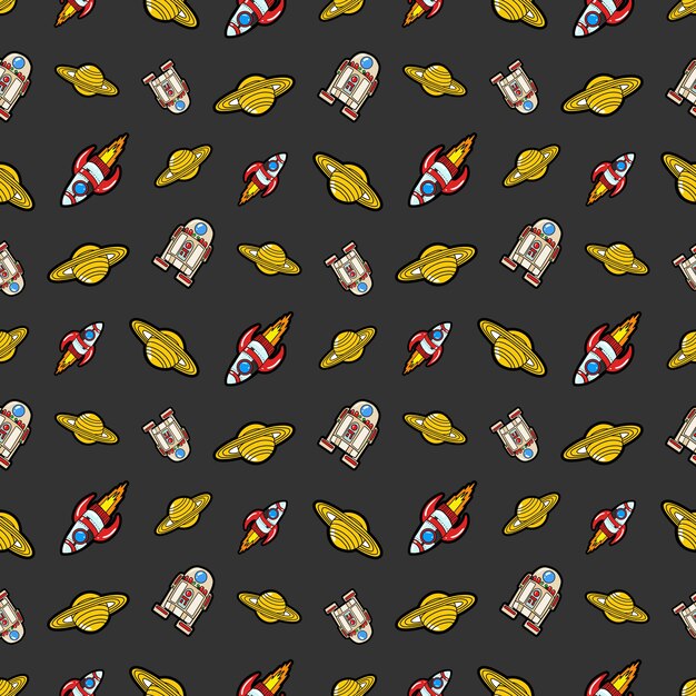 Space Rocket Robots en Saturnus naadloze patroon. achtergrond
