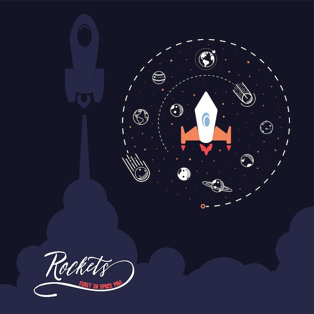 Vector space rocket. science and shuttle,planets in orbit and space, startup business. illustration