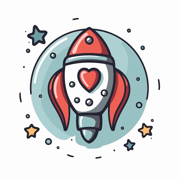 Vector space rocket with heart vector illustration in doodle style