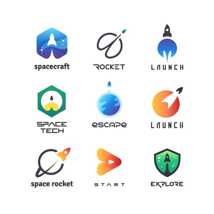 Vector space rockets, shuttles launch, spaceship, aviation and futuristic aircraft. vector retro logos and badges isolated