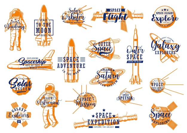 Vector space rockets, spaceman galaxy expedition icons