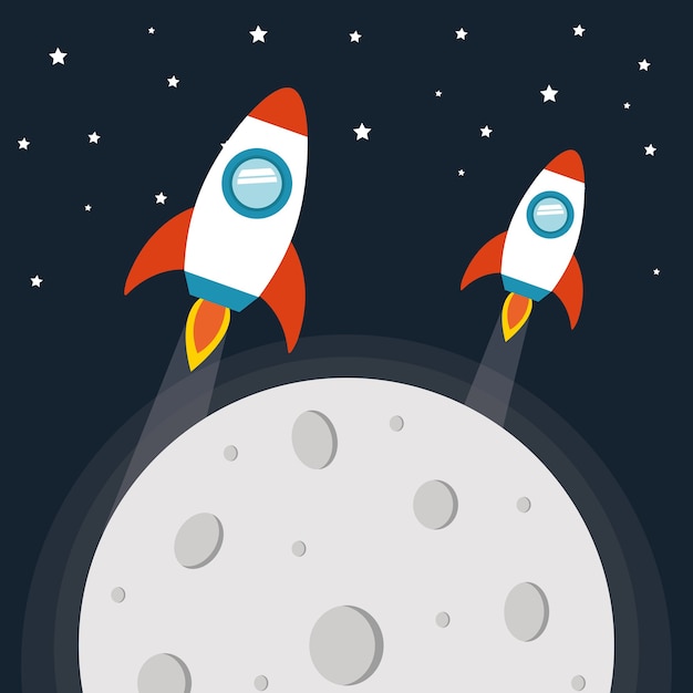 Vector space rockets with moon on starry background of futuristic and cosmos theme