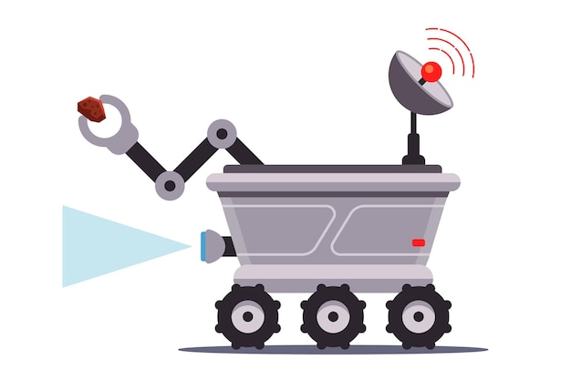 The space rover is exploring the moon and taking surface samples for analysis.