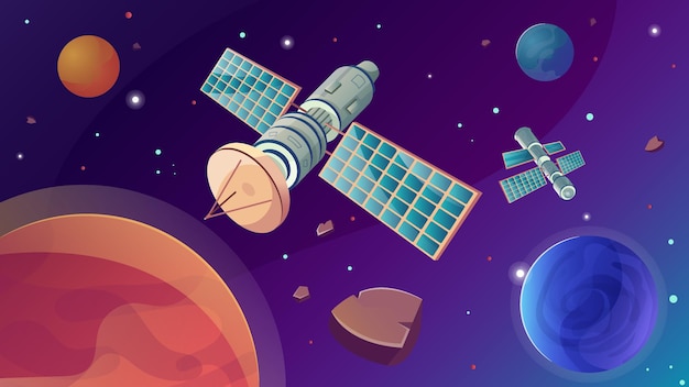 宇宙空間の風景の星や惑星と隕石と人工衛星のイラストを使用した宇宙衛星フラットコンポジション
