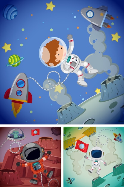 Вектор Космические сцены с космонавтами и космическими кораблями