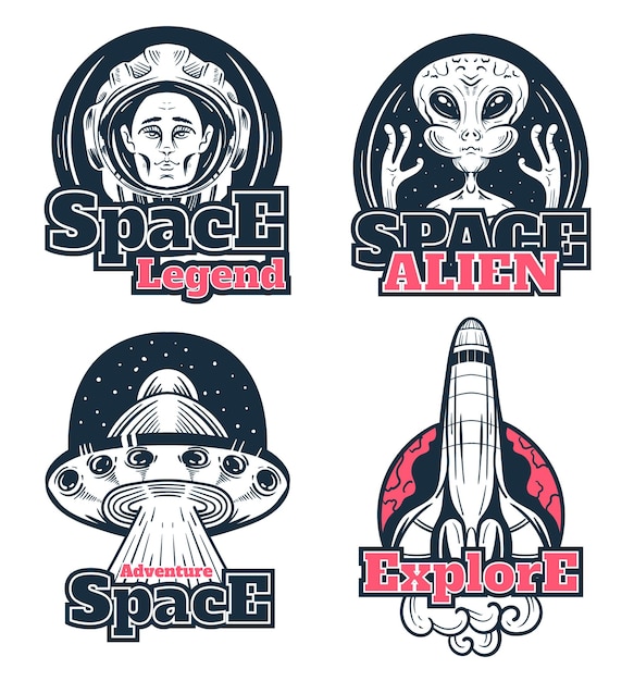 Space scientific explore astronaut alien rocket planet sticker badge isolated se