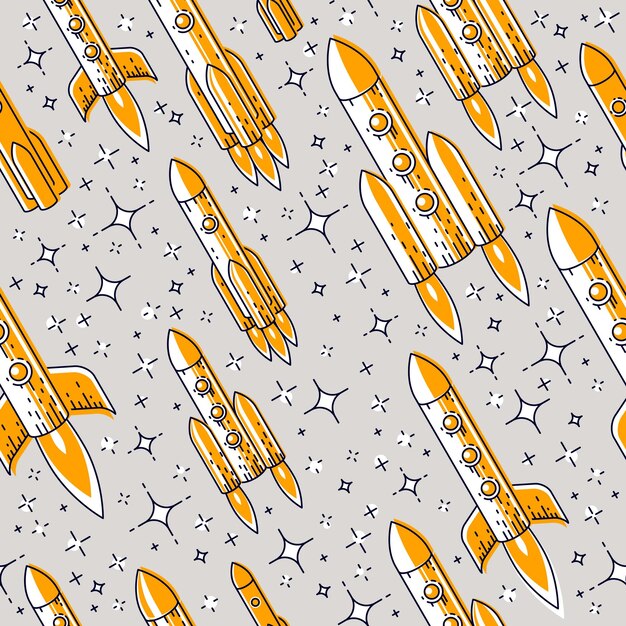 Space seamless background with rockets and stars, undiscovered galaxy cosmic fantastic and interesting textile fabric for children, endless tiling pattern, vector illustration cartoon motif.