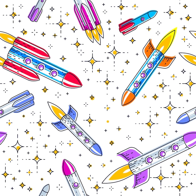 Space seamless background with rockets and stars, undiscovered galaxy cosmic fantastic and interesting textile fabric for children, endless tiling pattern, vector illustration cartoon motif.