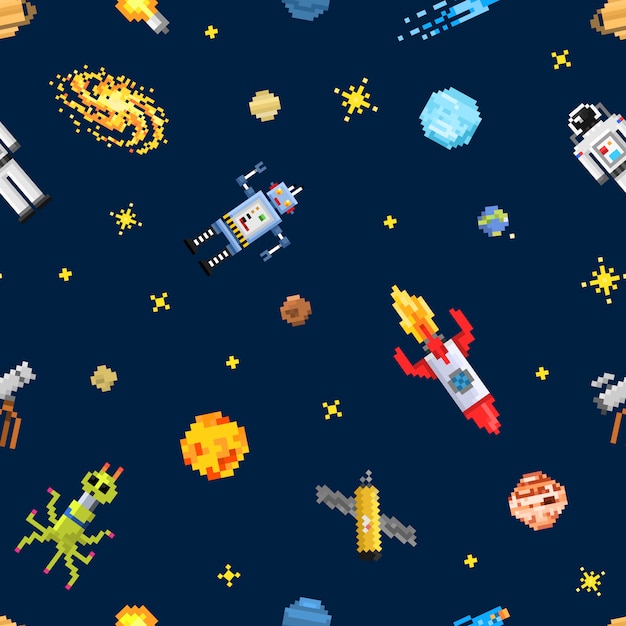 Space seamless pattern background, alien spaceman, robot rocket and satellite cubes solar system