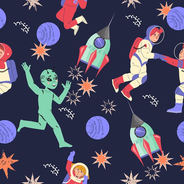 Space seamless pattern background with children astronauts and funny green alien