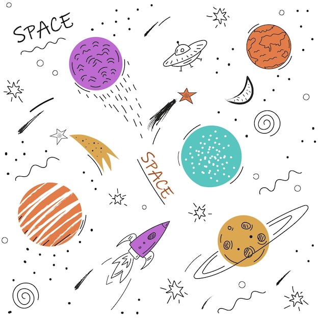 スペース。シームレス パターン。星、惑星、ロケットの背景