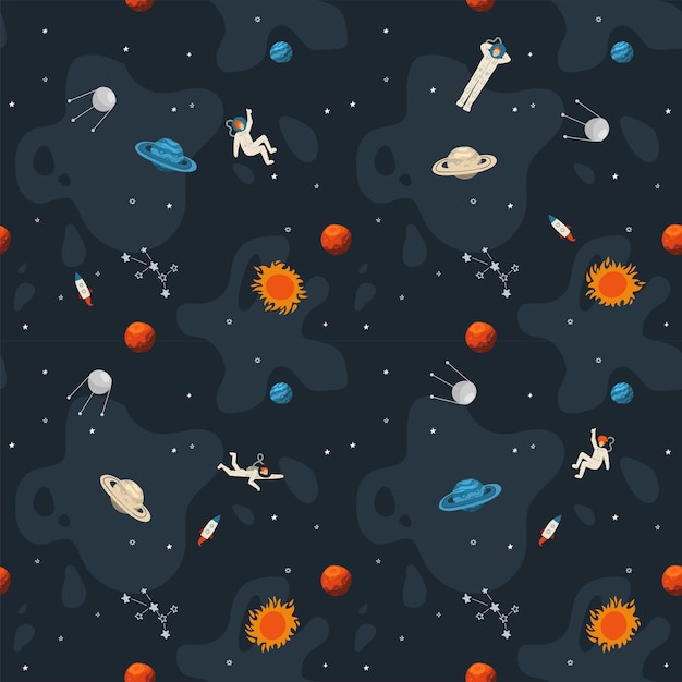 Space seamless pattern. Cute template with Astronaut, , Rocket, Saturn, planets , Stars in Outer space. Hand drawn flat.