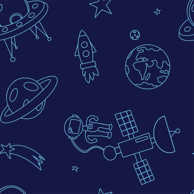 Space seamless pattern Hand draw space illustration with a rocket astronaut planets Cartoon