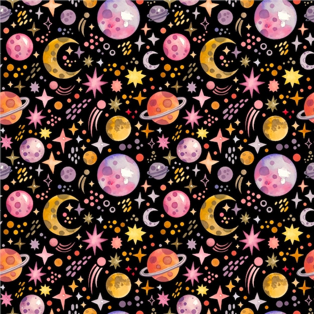 Space seamless pattern of planets and stars