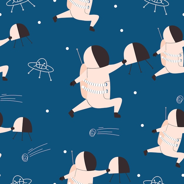 Space seamless pattern with astronaut and satellite Vector illustration for print